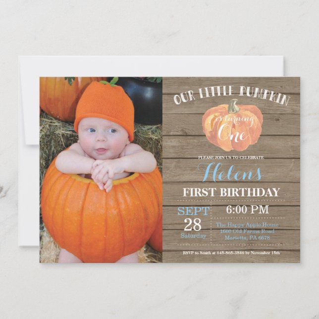 Rustic Pumpkin First Birthday Invitation Blue (Front)