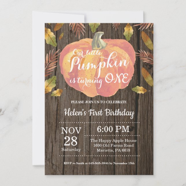 Rustic Pumpkin First Birthday Invitation Orange (Front)