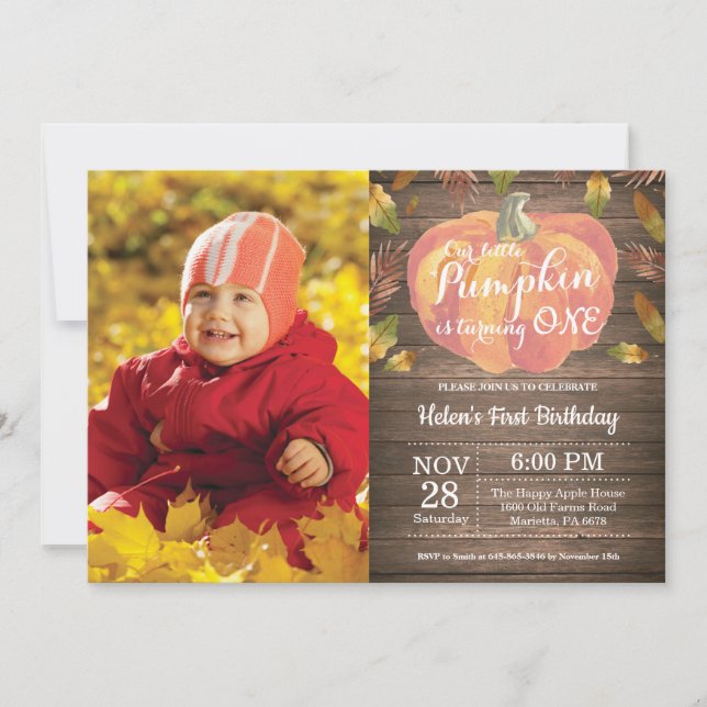 Rustic Pumpkin First Birthday Invitation Orange (Front)
