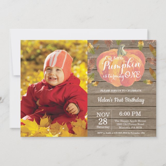 Rustic Pumpkin First Birthday Invitation Orange (Front)