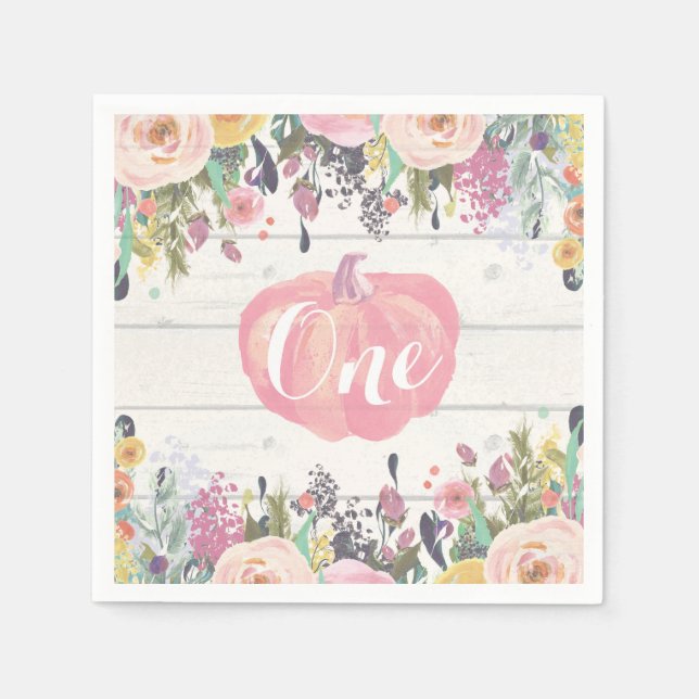 Rustic Pumpkin First Birthday Watercolor Floral Napkin (Front)