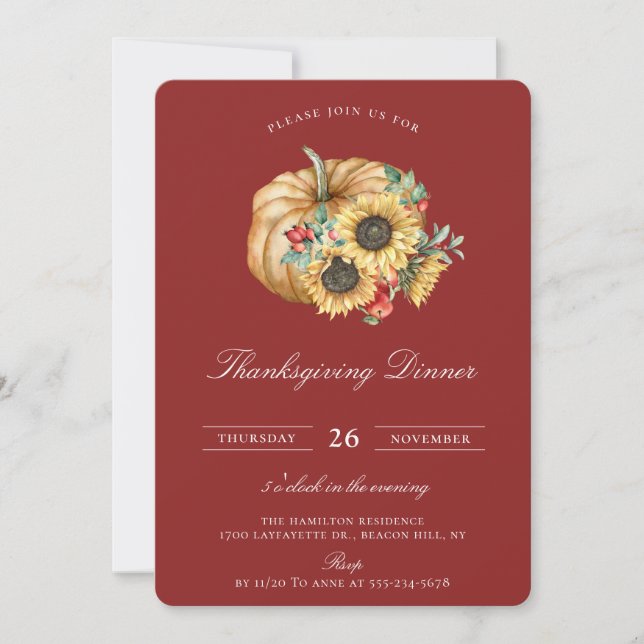 Rustic Pumpkin Floral Thanksgiving Dinner Invitation (Front)