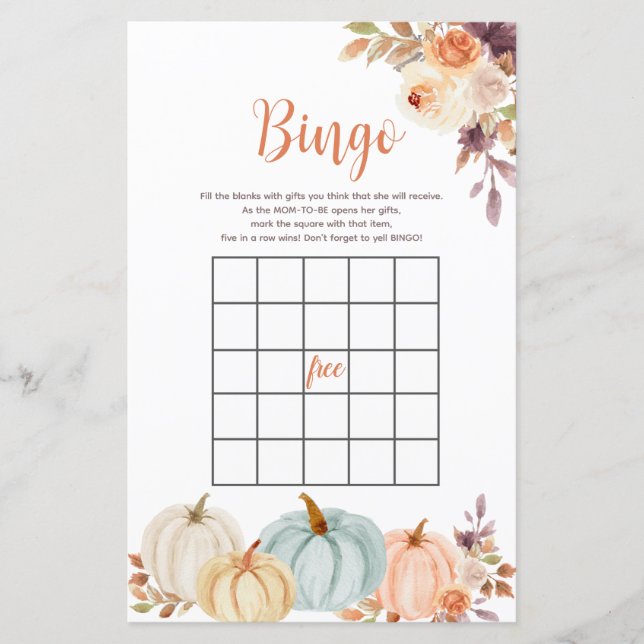 Rustic Pumpkin Floral Watercolor Bingo Game (Front)