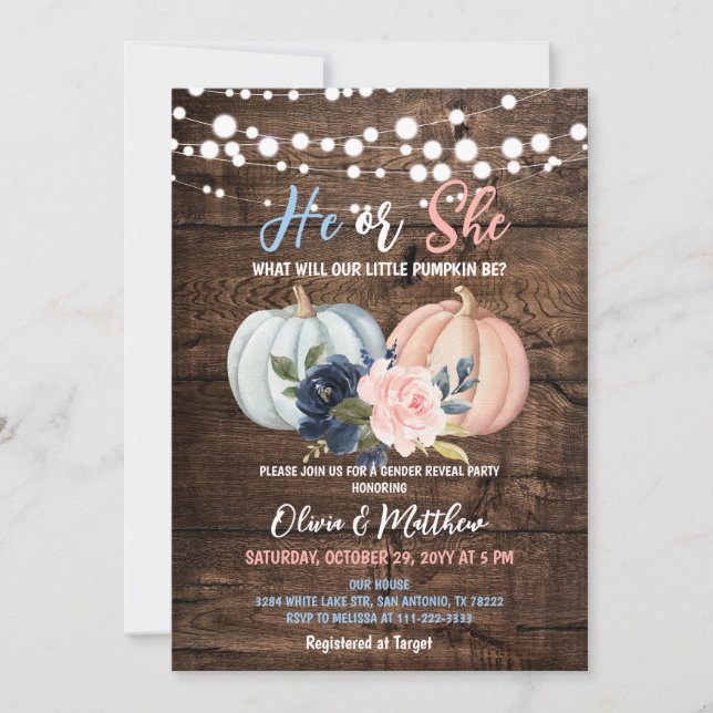 Rustic Pumpkin Gender Reveal Party Invitation (Front)