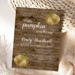 Rustic Pumpkin Gold Glitter Confetti Baby Shower Postcard<br><div class="desc">This modern gender-neutral baby shower invitation features a pair of gold glitter pumpkins and gold confetti on a rustic background of brown barn wood. The words "A little pumpkin is on the way!" appear in white script. Personalize it with the name of the mom-to-be in white script and the baby...</div>