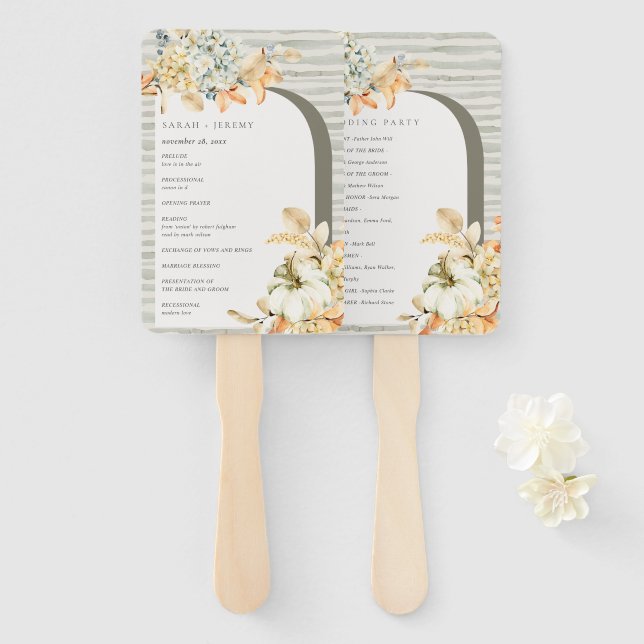 Rustic Pumpkin Leafy Floral Arch Wedding Program Hand Fan (Front and Back)