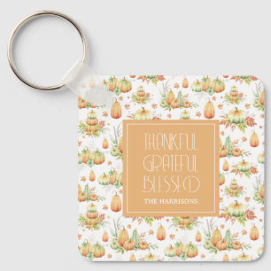 Rustic Pumpkin Leaves Thankful Grateful Blesses Keychain