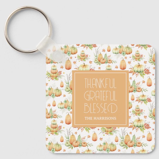 Rustic Pumpkin Leaves Thankful Grateful Blesses Keychain (Front)