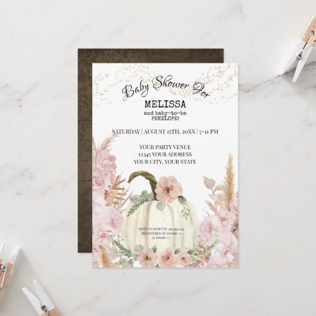 Rustic Pumpkin Pampas Grass Pink Girl Baby Shower Invitation (Front/Back In Situ)