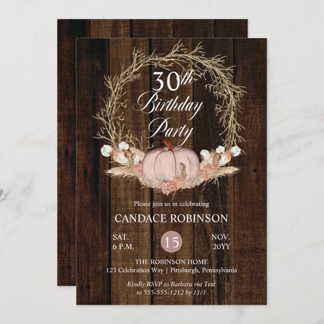 Rustic Pumpkin Pampas Wreath 30th Birthday Party Invitation (Front/Back)