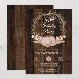 Rustic Pumpkin Pampas Wreath 30th Birthday Party Invitation