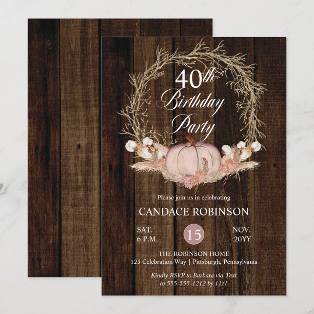 Rustic Pumpkin Pampas Wreath 40th Birthday Party Invitation (Front/Back)
