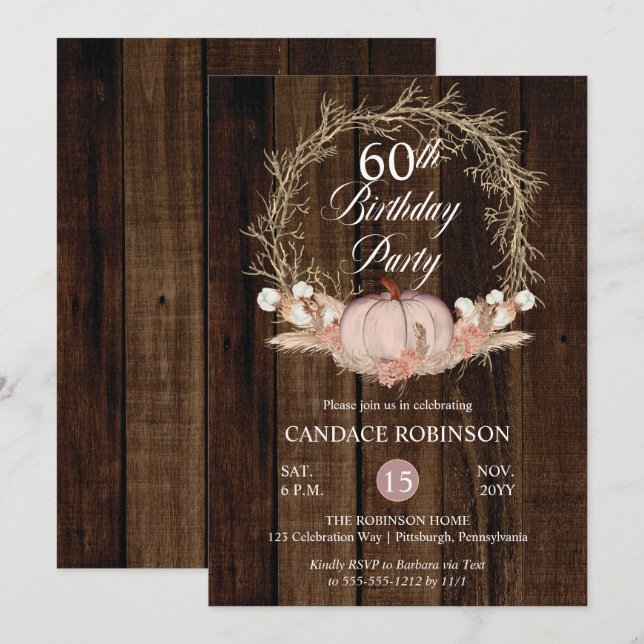 Rustic Pumpkin Pampas Wreath 60th Birthday Party Invitation (Front/Back)