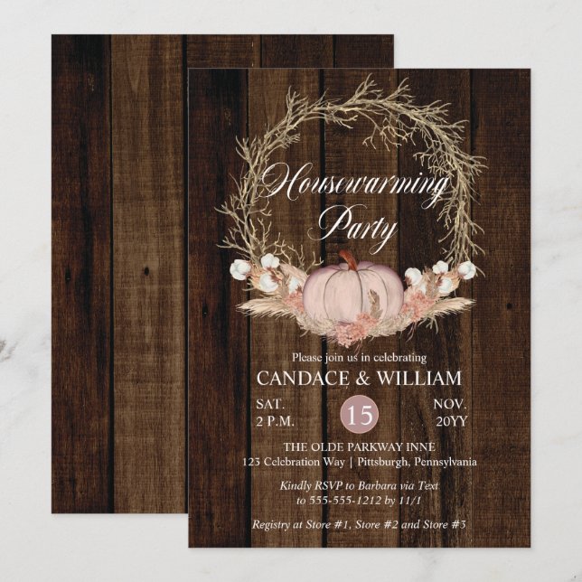Rustic Pumpkin Pampas Wreath Housewarming Party Invitation (Front/Back)