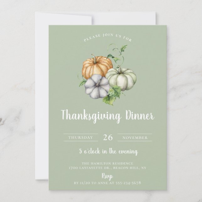 Rustic Pumpkin Patch Thanksgiving Dinner Sage Invitation (Front)