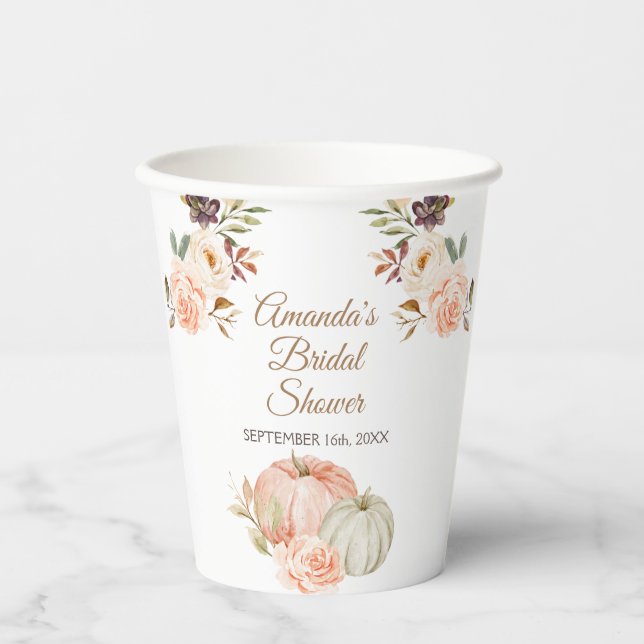 Rustic Pumpkin Peach Floral Bridal Shower White Paper Cups (Front)