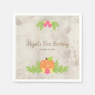 Rustic Pumpkin Pink Flowers First Birthday Napkin
