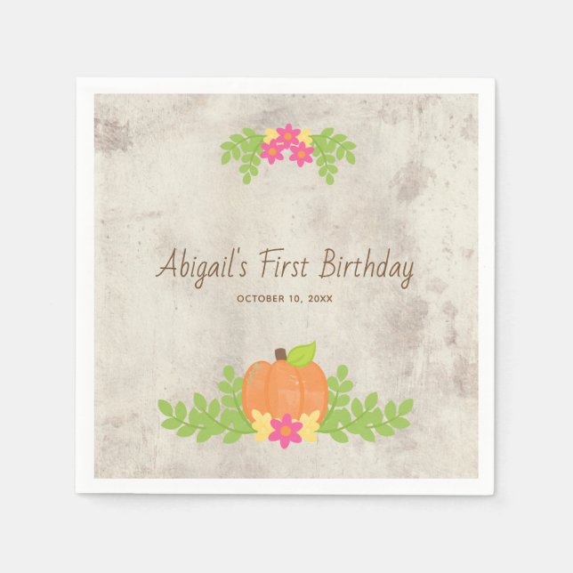Rustic Pumpkin Pink Flowers First Birthday Napkin (Front)