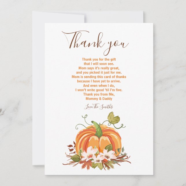 Rustic Pumpkin thank you Rustic Fall Baby shower Card (Front)