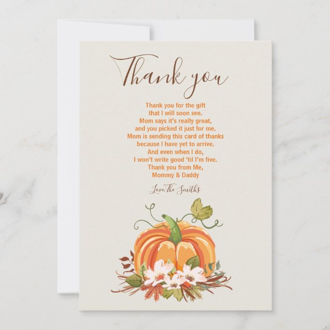 Rustic Pumpkin thank you Rustic Fall Baby shower Card (Front)