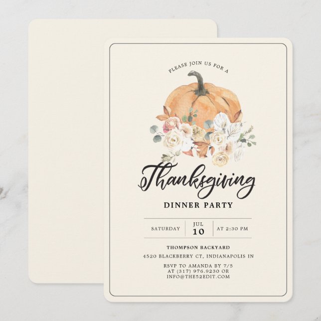 Rustic Pumpkin Thanksgiving Dinner Party Invitation (Front/Back)