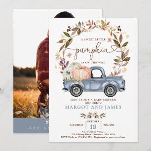 Rustic Pumpkin Truck Dusty Blue Baby Shower Invitation