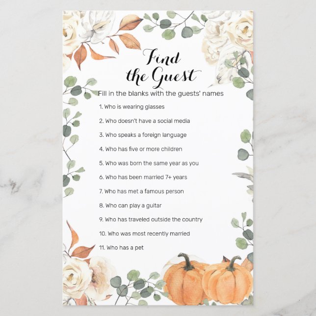 Rustic pumpkin Watercolor Find the Guest game (Front)