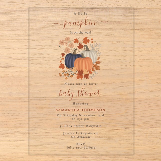 Rustic Pumpkin Wildflowers Fall Autumn Baby Shower Acrylic Invitations (Front)