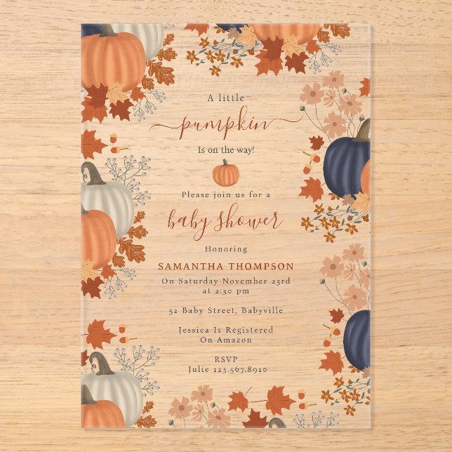 Rustic Pumpkin Wildflowers Fall Autumn Baby Shower Acrylic Invitations (Front)