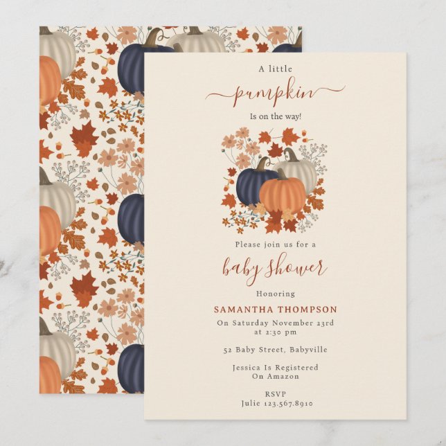 Rustic Pumpkin Wildflowers Fall Autumn Baby Shower Invitation (Front/Back)