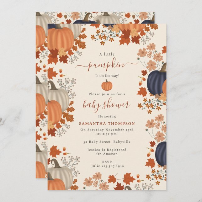 Rustic Pumpkin Wildflowers Fall Autumn Baby Shower Invitation (Front/Back)