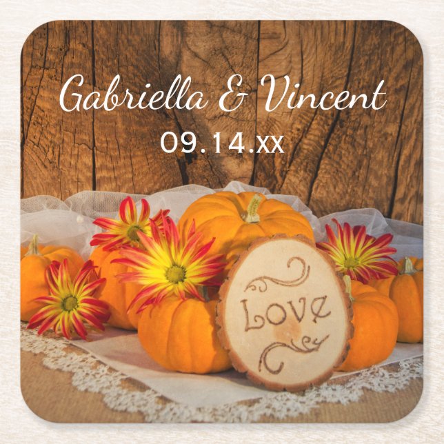 Rustic Pumpkins Fall Barn Wedding Square Paper Coaster (Front)