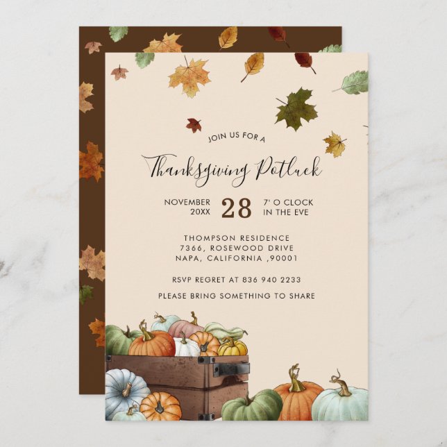 Rustic Pumpkins & Falling Leaves Thanksgiving  Inv Invitation (Front/Back)