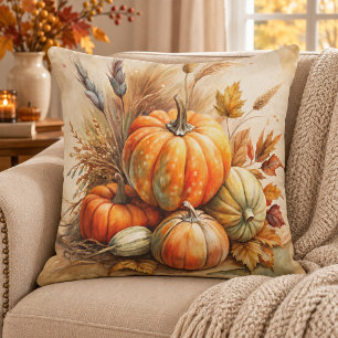 Rustic Pumpkins & Leaves Boho Fall Throw Pillow