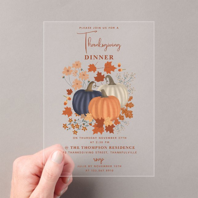 Rustic Pumpkins Wildflowers Thanksgiving Dinner Acrylic Invitations (Insitu (Handheld))