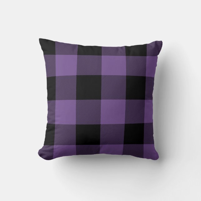 Rustic Purple and Black Buffalo Check Plaid Throw Pillow (Front)