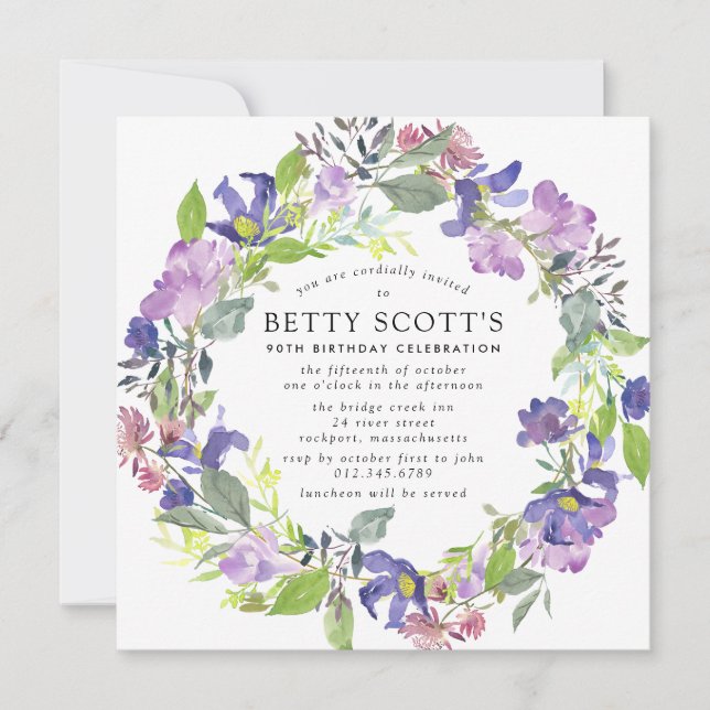 Rustic Purple and Blue Floral 90th Birthday Party Invitation (Front)