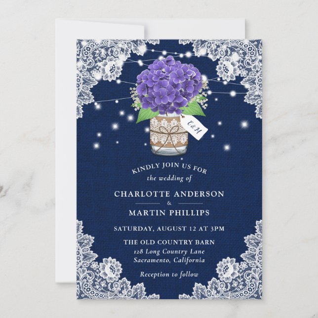Rustic Purple and Blue Floral Wedding Invitation (Front)