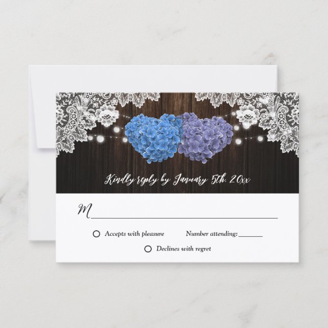 Rustic Purple and Blue Floral Wedding RSVP Card (Front)