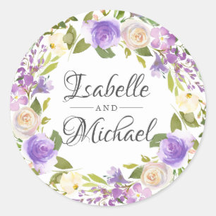 Rustic Purple and Ivory White Rose Floral Wedding Classic Round Sticker
