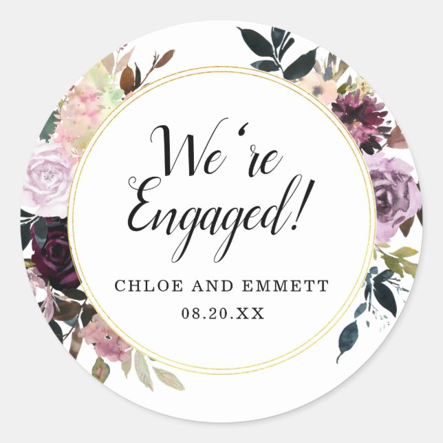 Rustic Purple and Pink Floral We're Engaged Classic Round Sticker (Front)