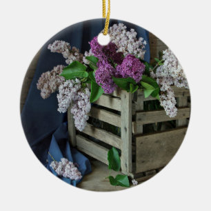 Rustic Purple and White Lilacs Floral Photo Ceramic Ornament