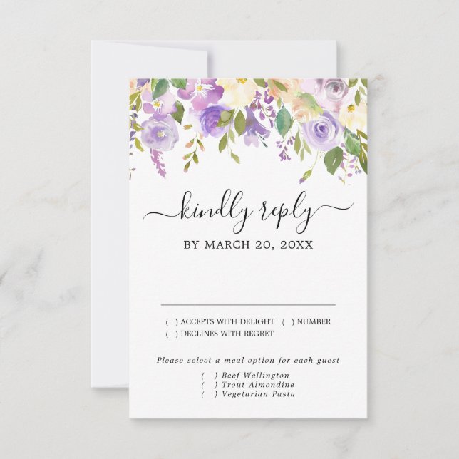 Rustic Purple and White RSVP Card, Meal Options (Front)