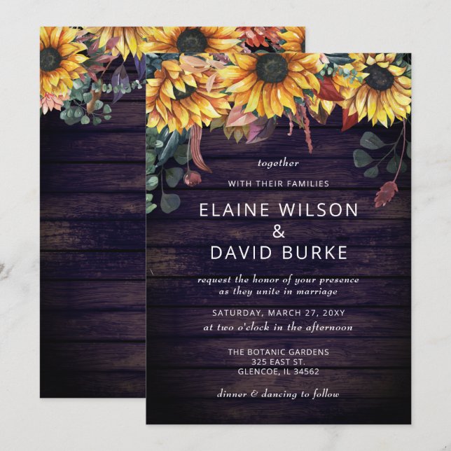 Rustic Purple Barn Wood Country Sunflowers Wedding Invitation (Front/Back)