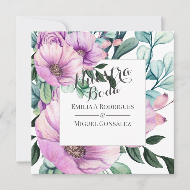 Rustic Purple Bloom Nuestra Boda Spanish Wedding Invitation (Front)