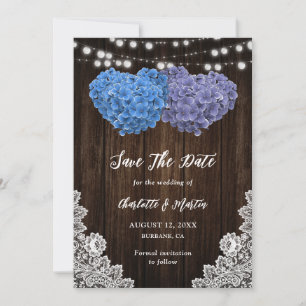 Rustic Purple Blue Floral Hearts Lace Wood Wedding Save The Date