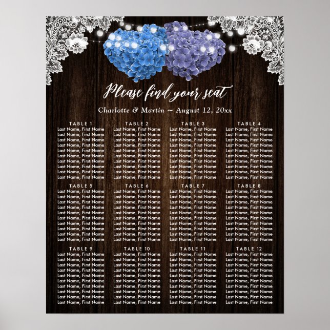 Rustic Purple Blue Floral Wedding Seating Chart 12 (Front)