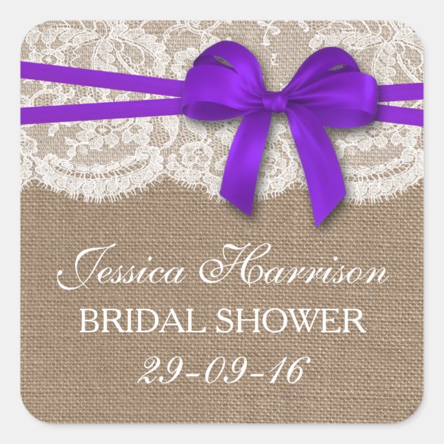 Rustic Purple Bow, Burlap & Lace Bridal Shower Square Sticker (Front)