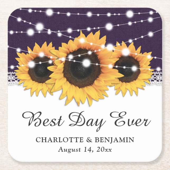 Rustic Purple Burlap Lace Sunflower Wedding Square Paper Coaster (Front)