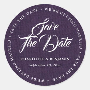 Rustic Purple Burlap Script Wedding Save The Date Classic Round Sticker